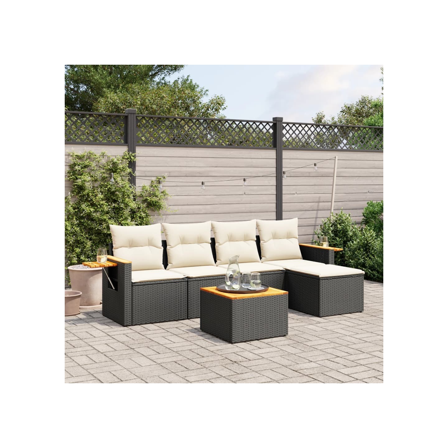 Salon de jardin 6 pcs avec coussins noir résine tressée