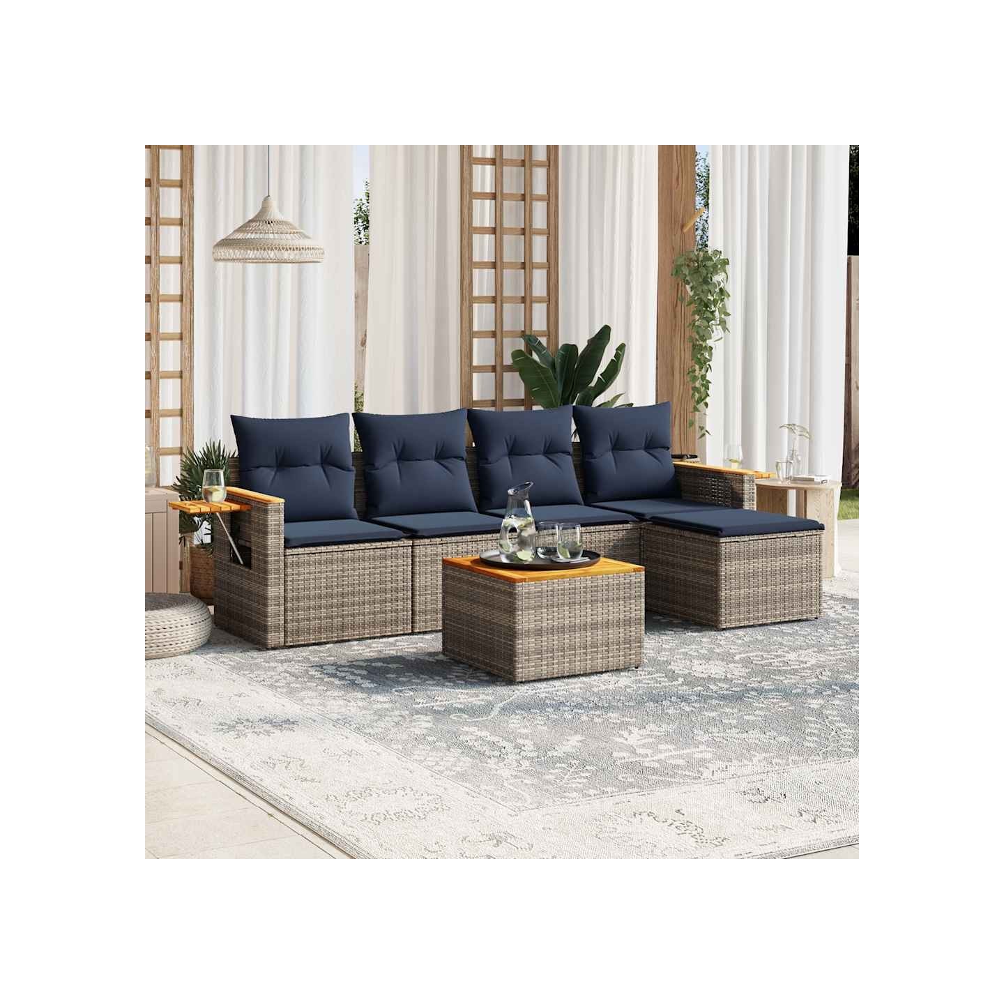 Salon de jardin 6 pcs avec coussins gris résine tressée