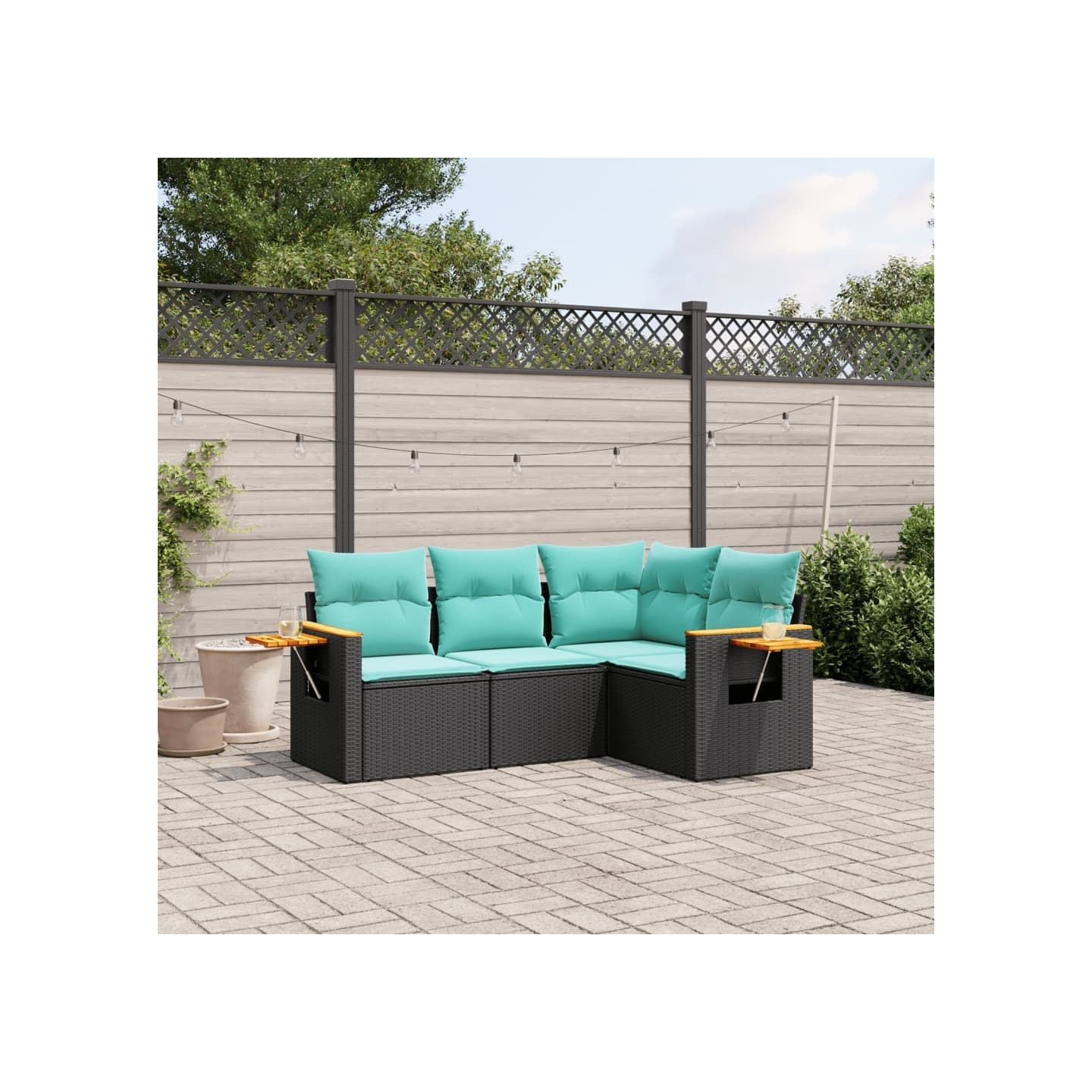 Salon de jardin 4 pcs avec coussins noir résine tressée