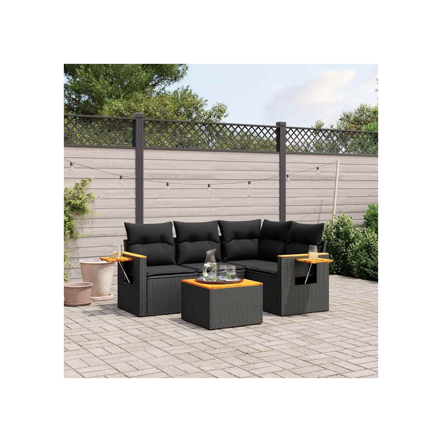 Salon de jardin 5 pcs avec coussins noir résine tressée