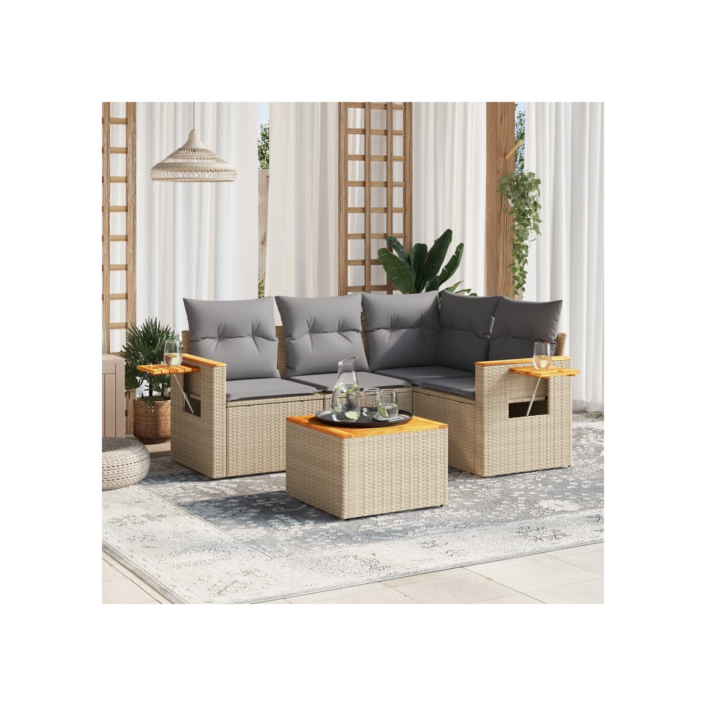 Salon de jardin avec coussins 5 pcs beige résine tressée