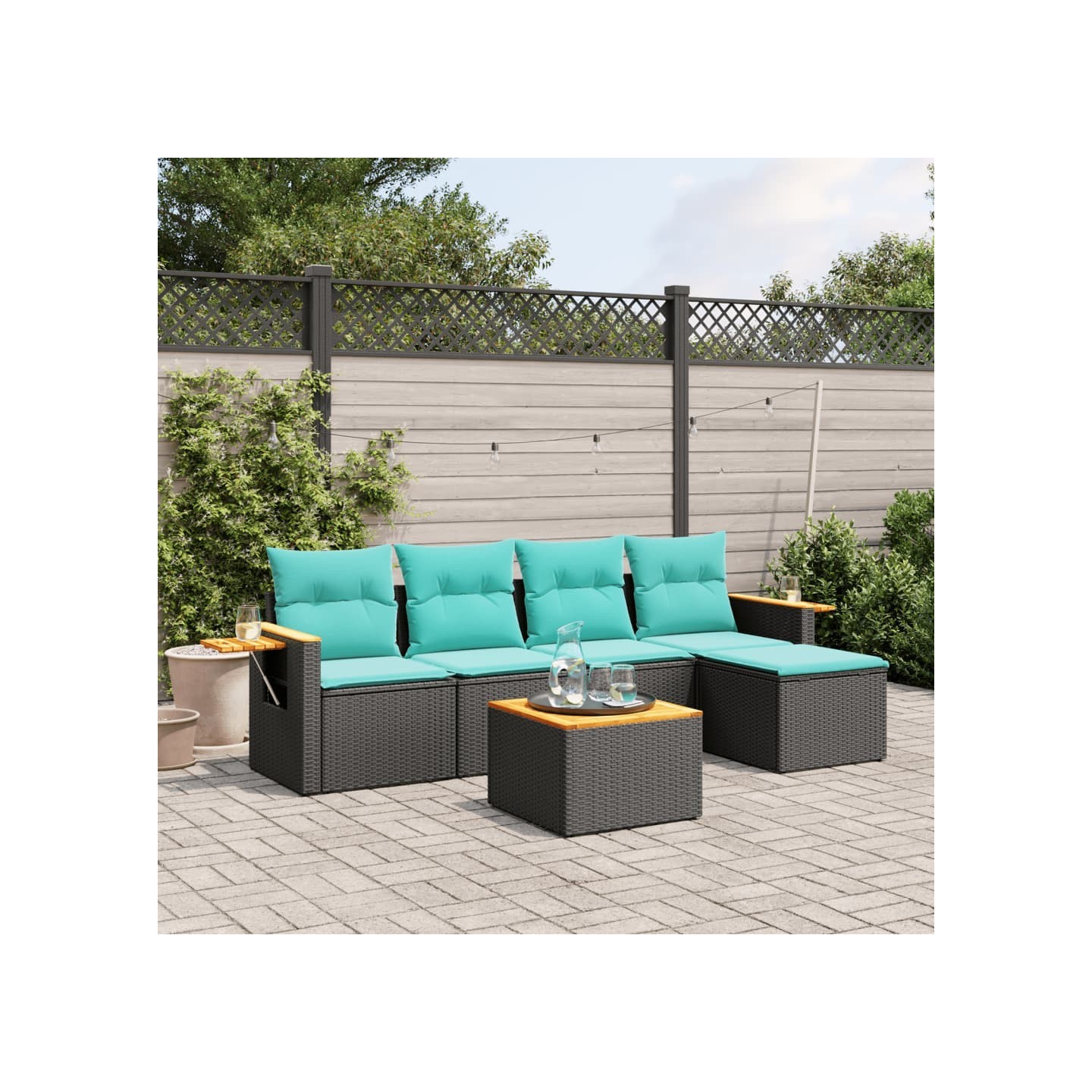 Salon de jardin 6 pcs avec coussins noir résine tressée
