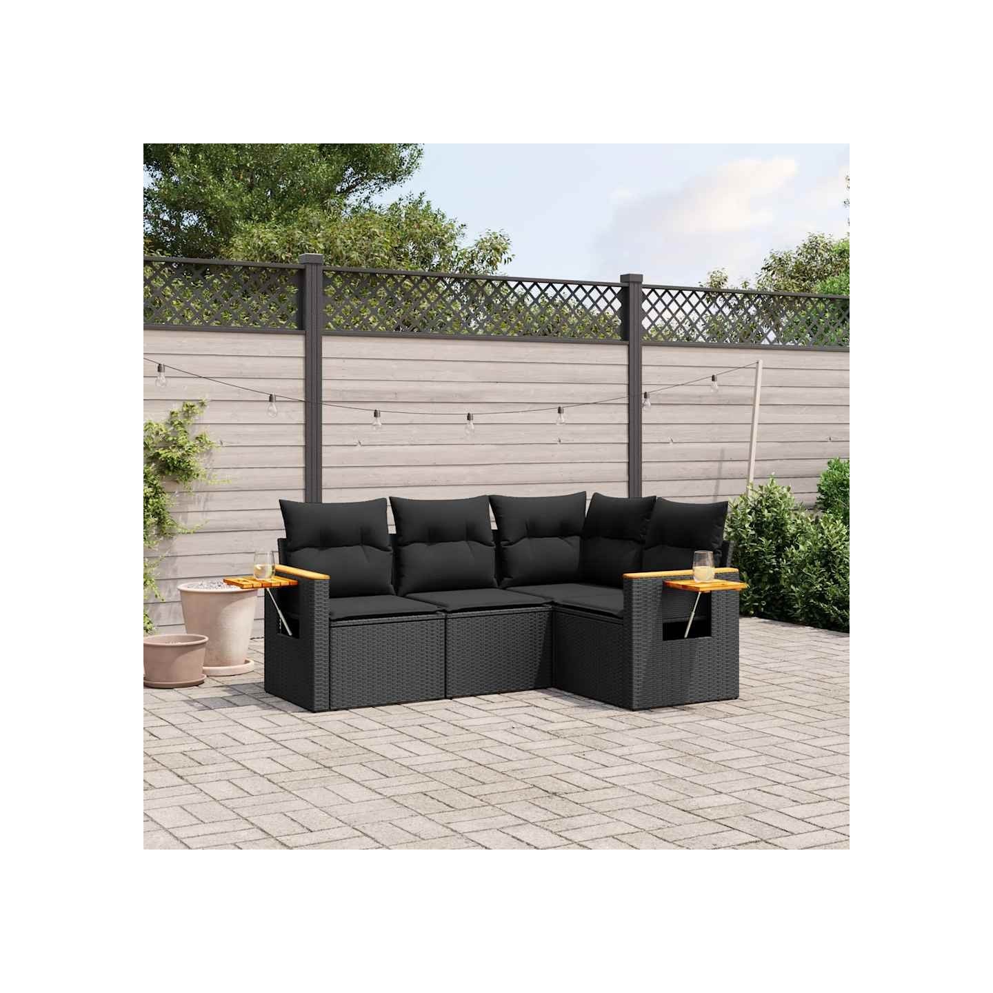 Salon de jardin 4 pcs avec coussins noir résine tressée