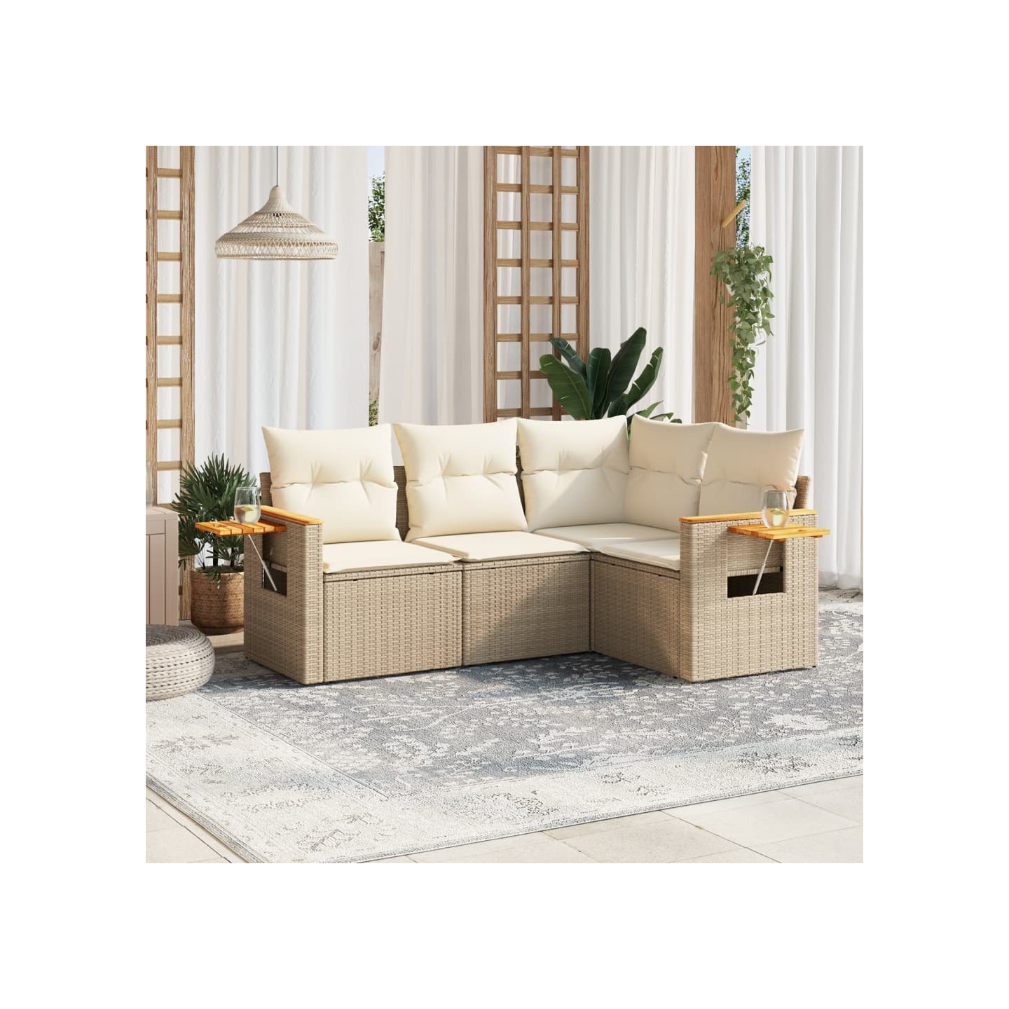 Salon de jardin avec coussins 4 pcs beige résine tressée