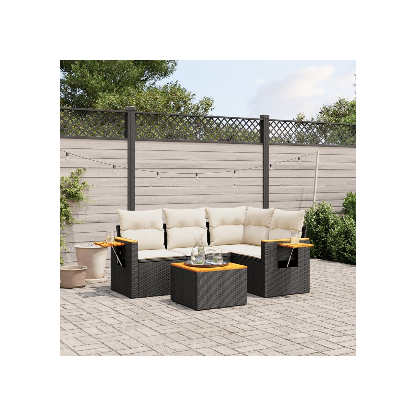 Salon de jardin 5 pcs avec coussins noir résine tressée