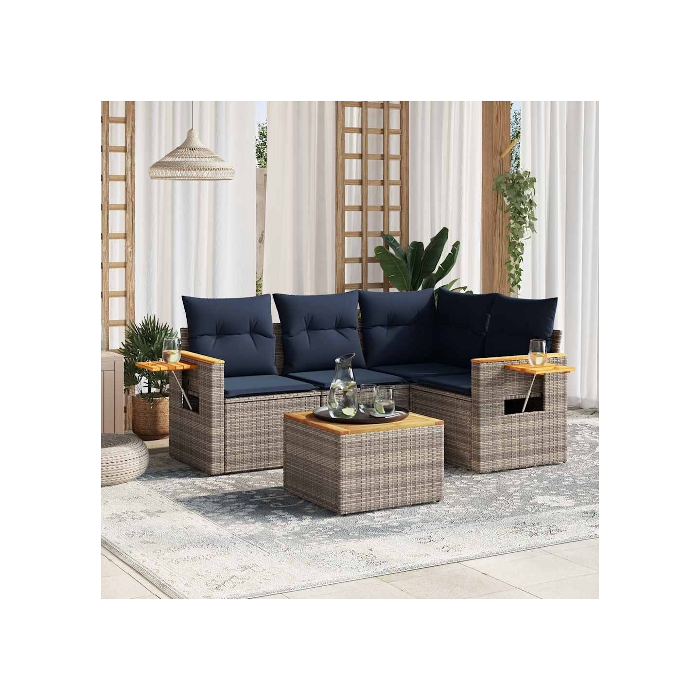 Salon de jardin 5 pcs avec coussins gris résine tressée