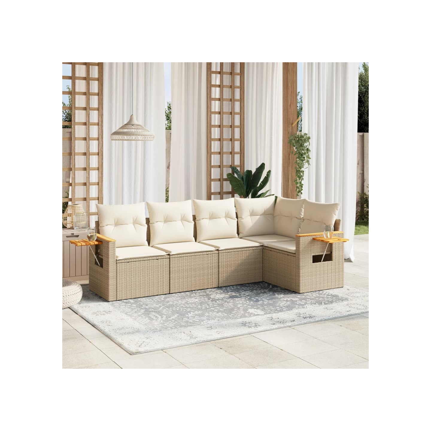 Salon de jardin avec coussins 5 pcs beige résine tressée