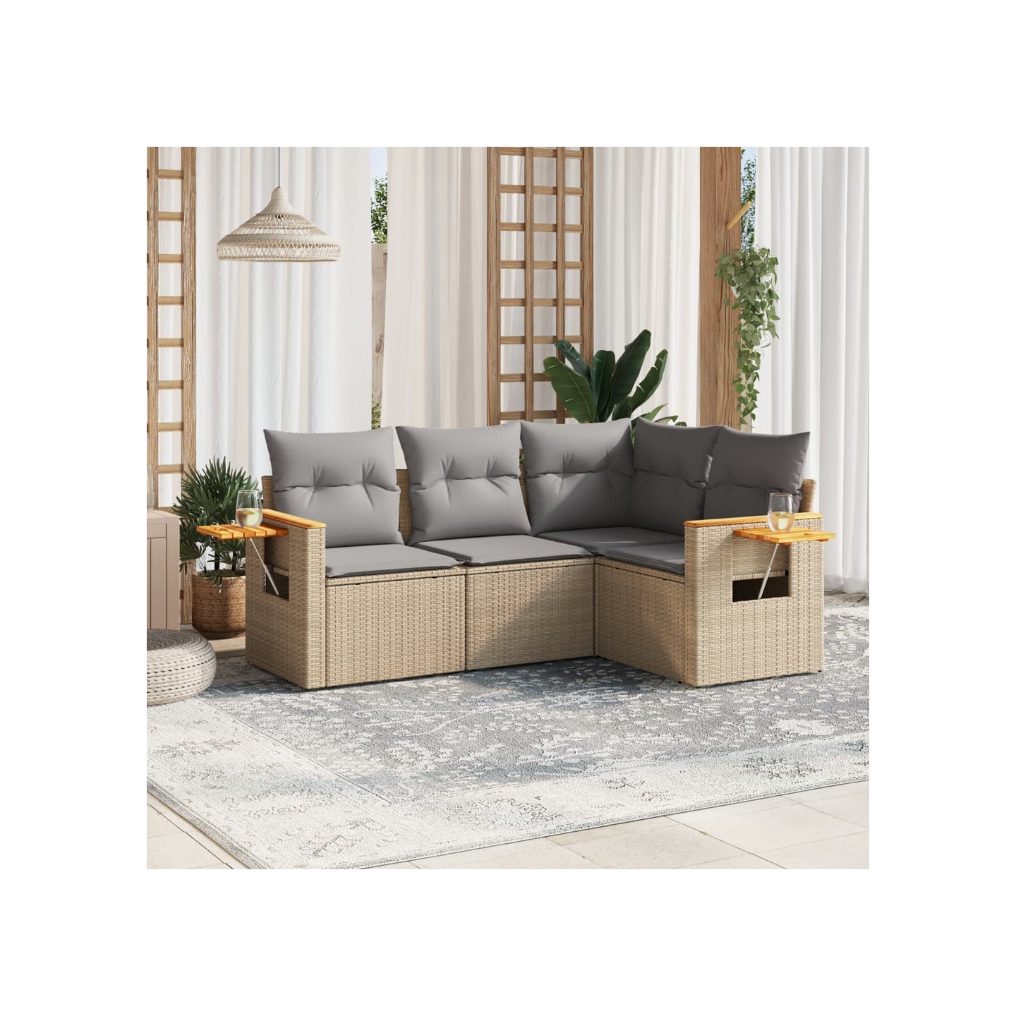 Salon de jardin avec coussins 4 pcs beige résine tressée