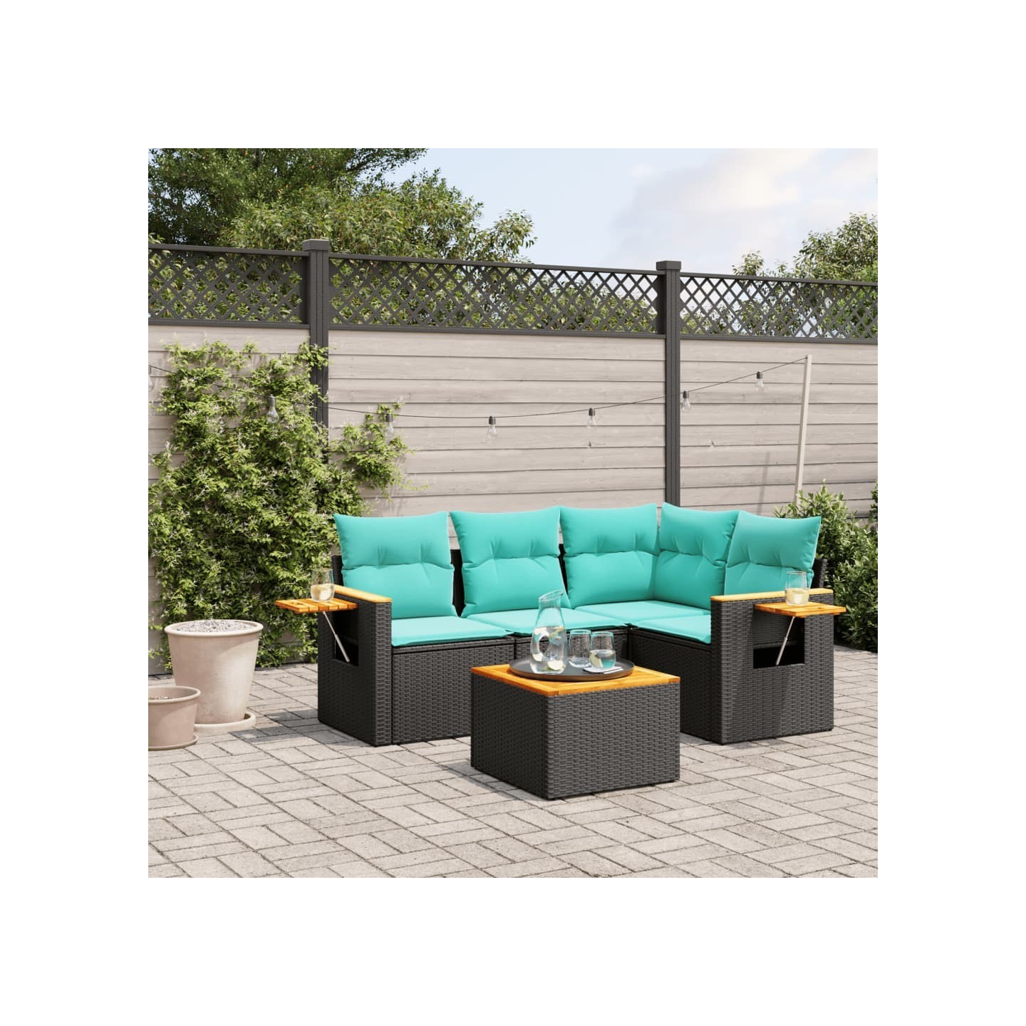 Salon de jardin 5 pcs avec coussins noir résine tressée