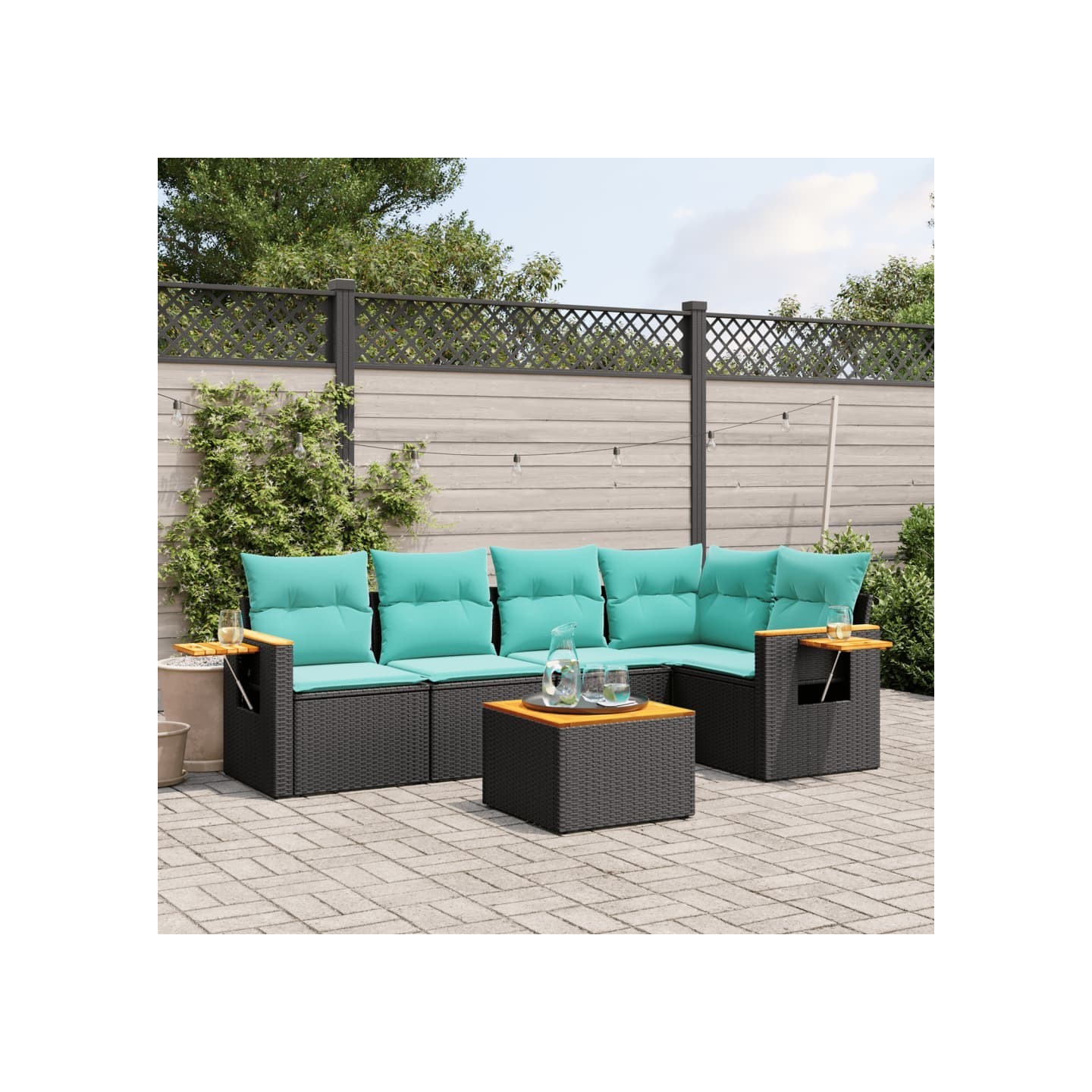 Salon de jardin 6 pcs avec coussins noir résine tressée