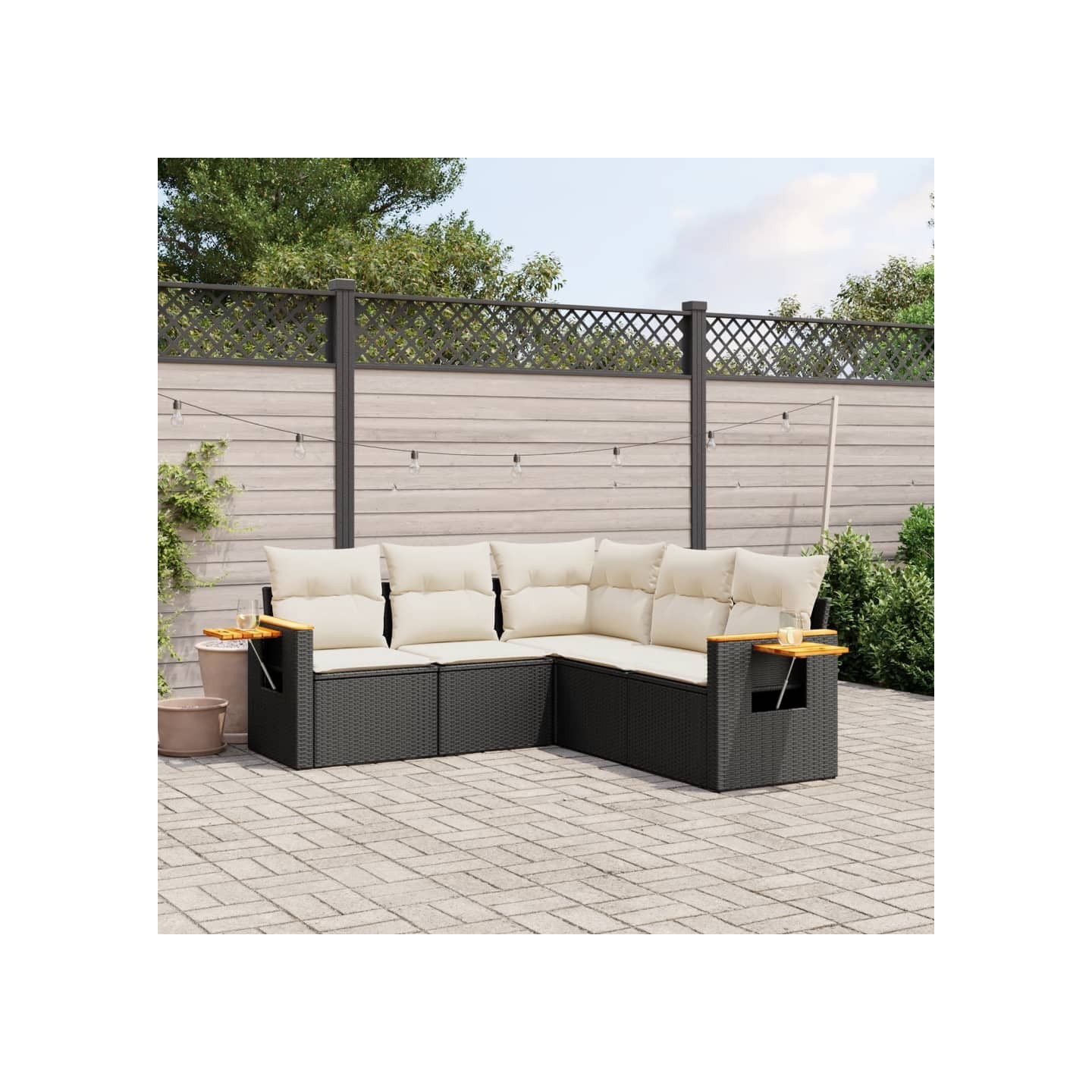 Salon de jardin 5 pcs avec coussins noir résine tressée