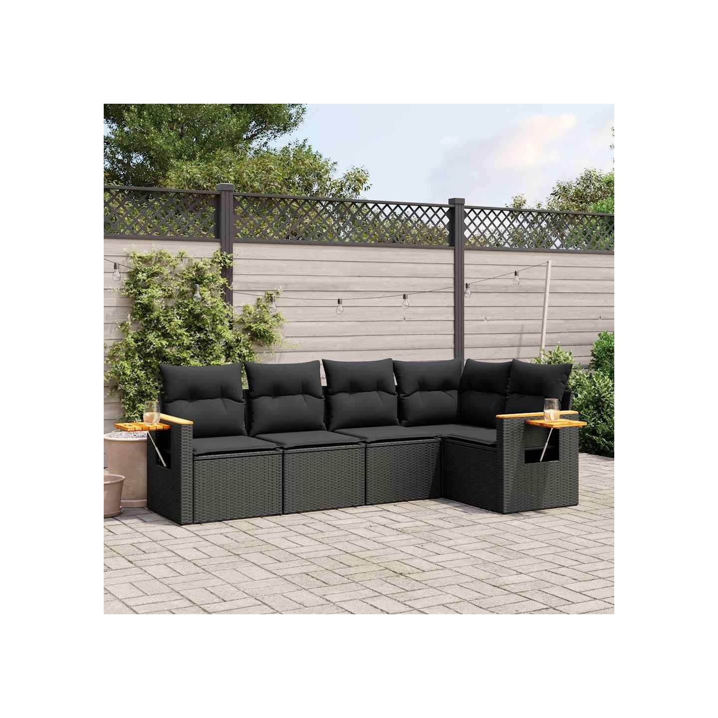 Salon de jardin 5 pcs avec coussins noir résine tressée