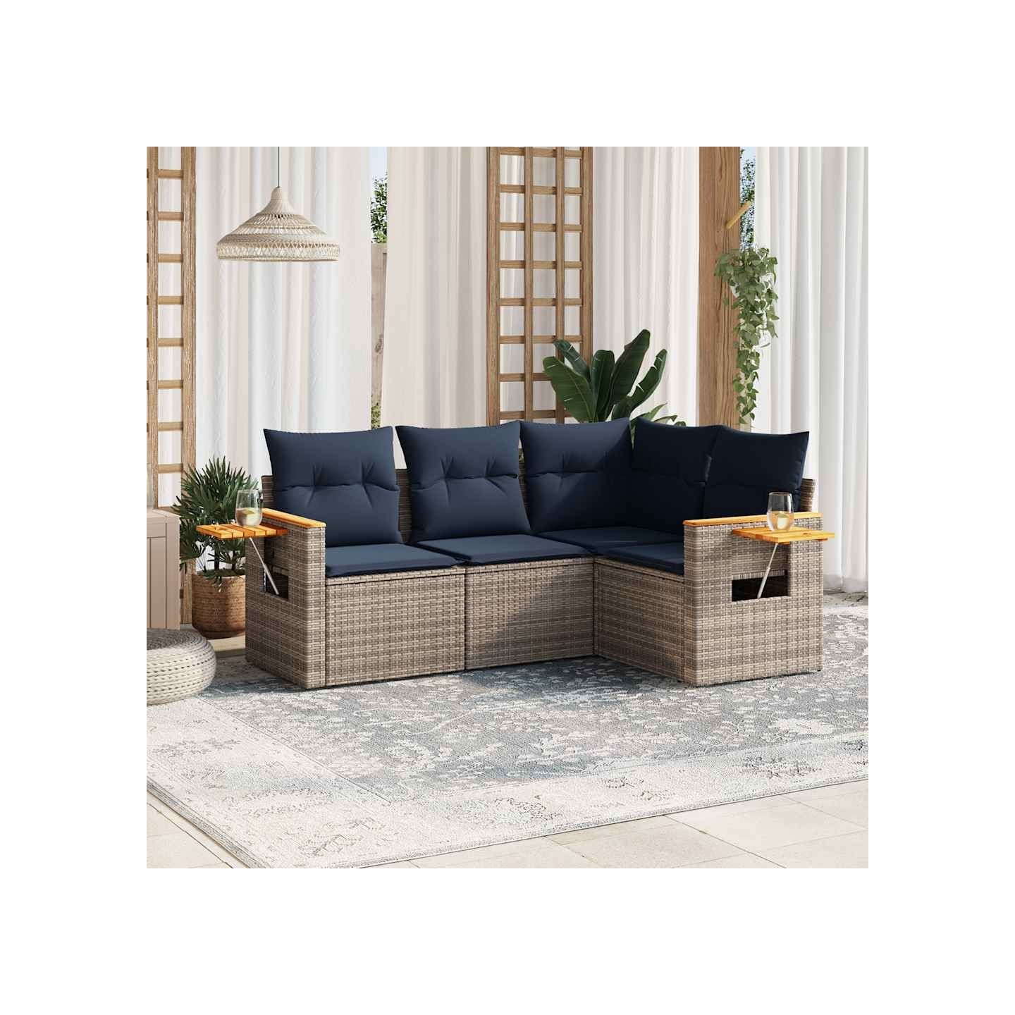 Salon de jardin 4 pcs avec coussins gris résine tressée