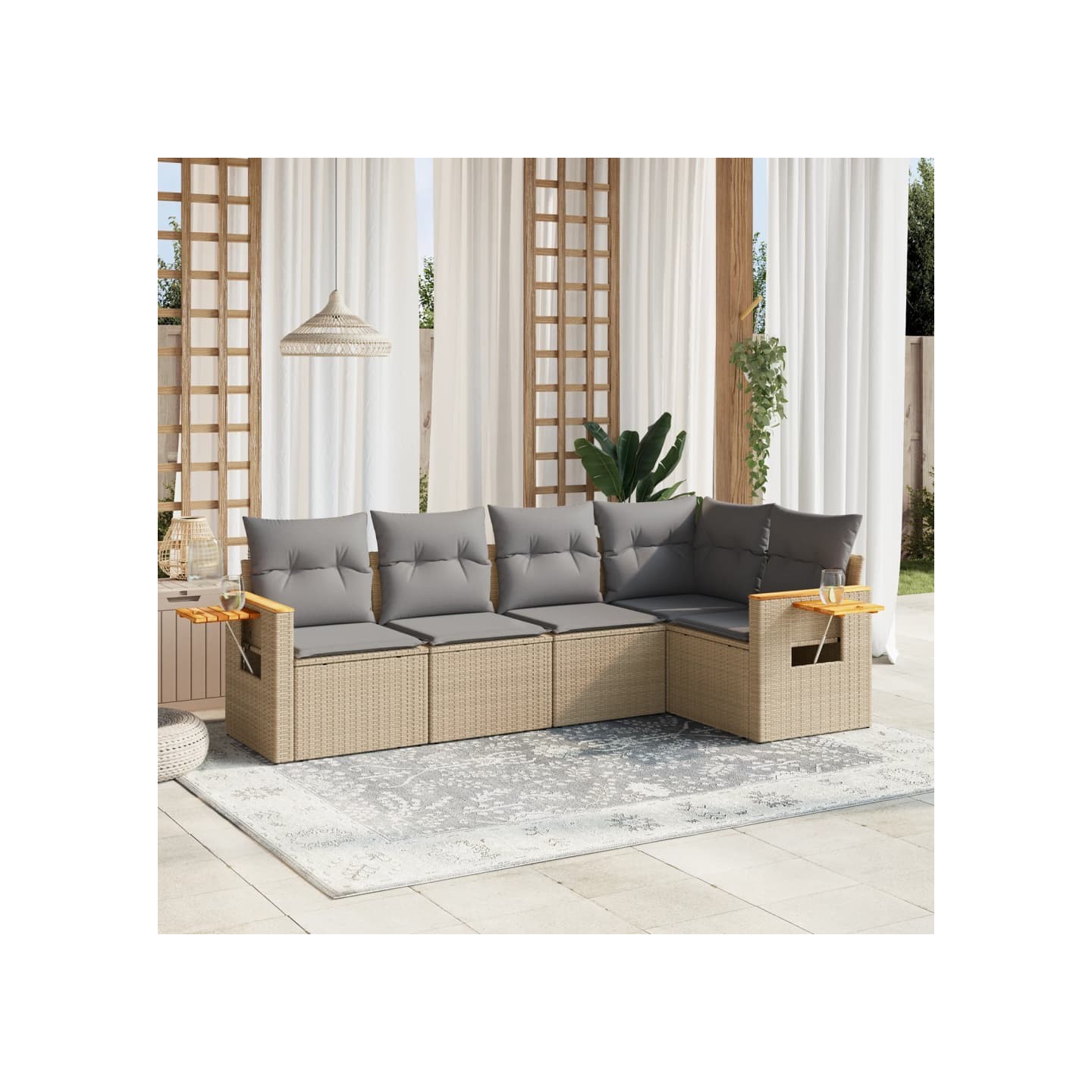 Salon de jardin avec coussins 5 pcs beige résine tressée
