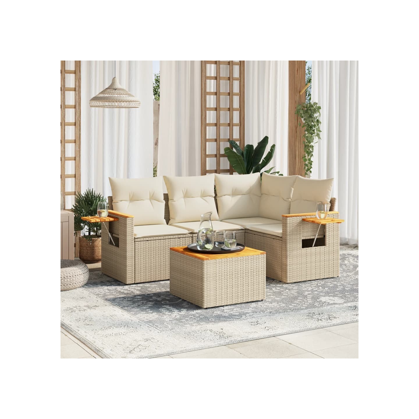 Salon de jardin avec coussins 5 pcs beige résine tressée