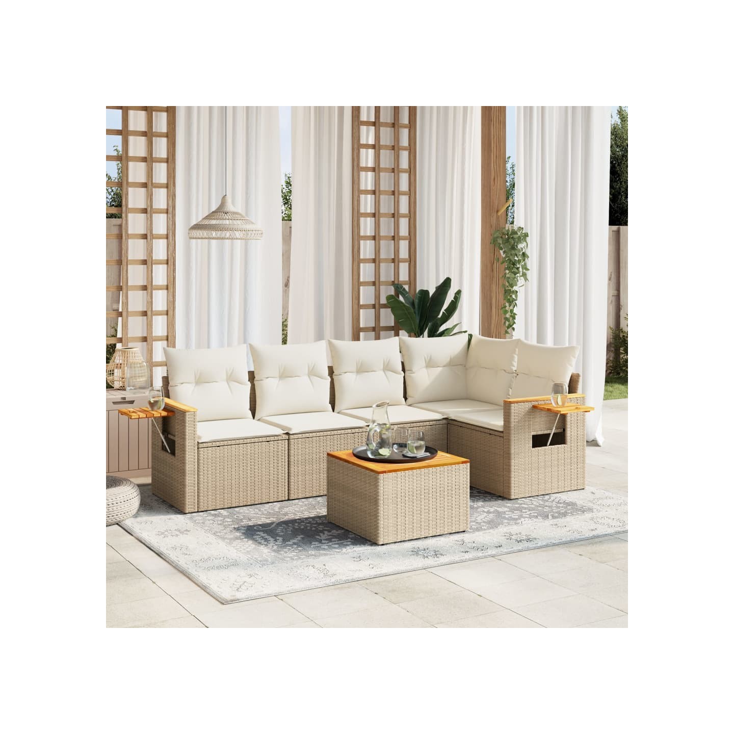 Salon de jardin avec coussins 6 pcs beige résine tressée