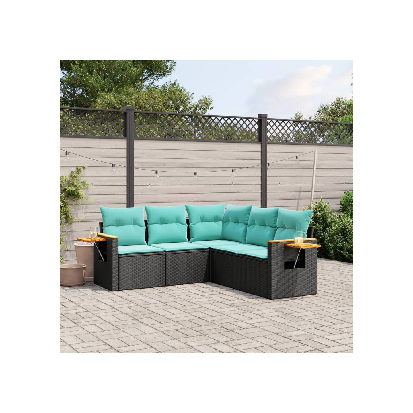 Salon de jardin 5 pcs avec coussins noir résine tressée