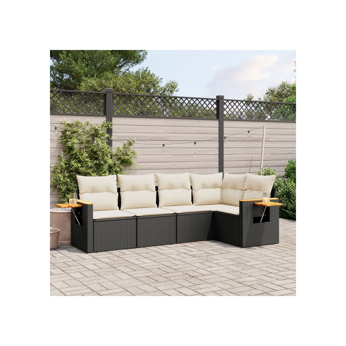 Salon de jardin 5 pcs avec coussins noir résine tressée