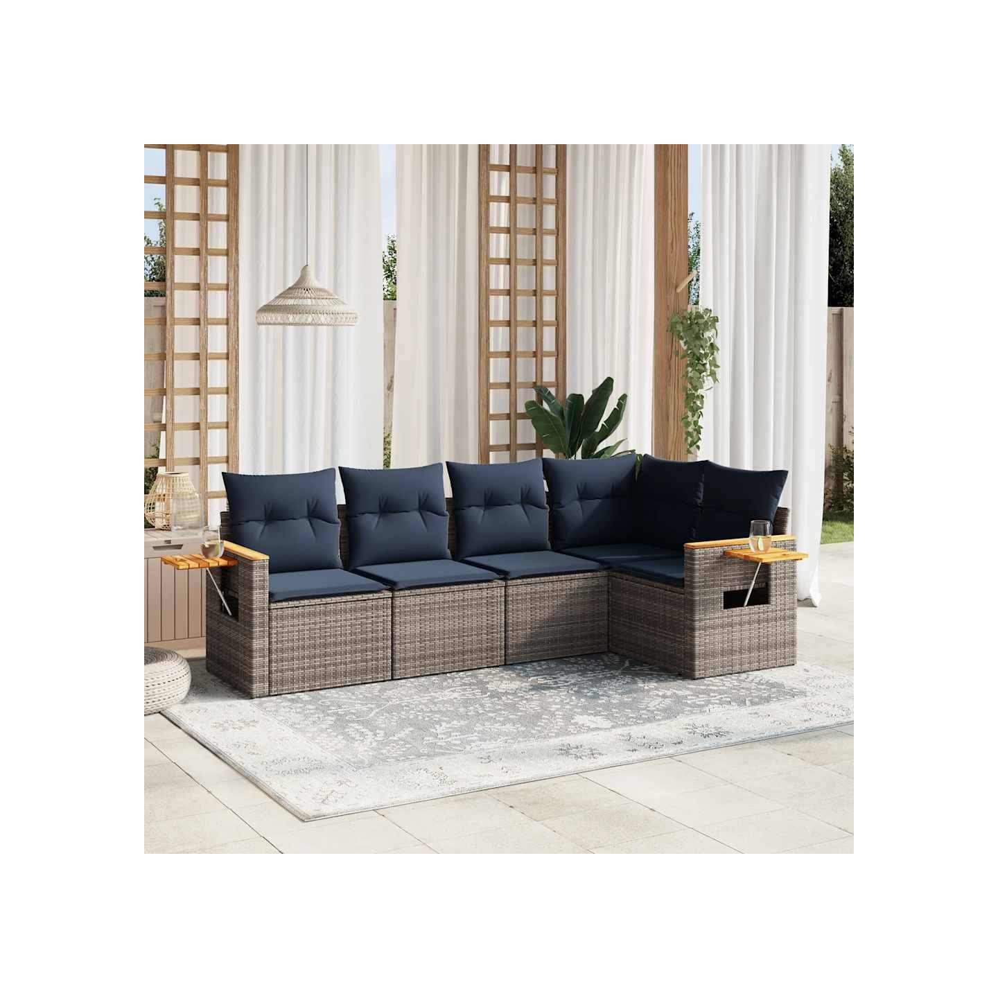 Salon de jardin 5 pcs avec coussins gris résine tressée