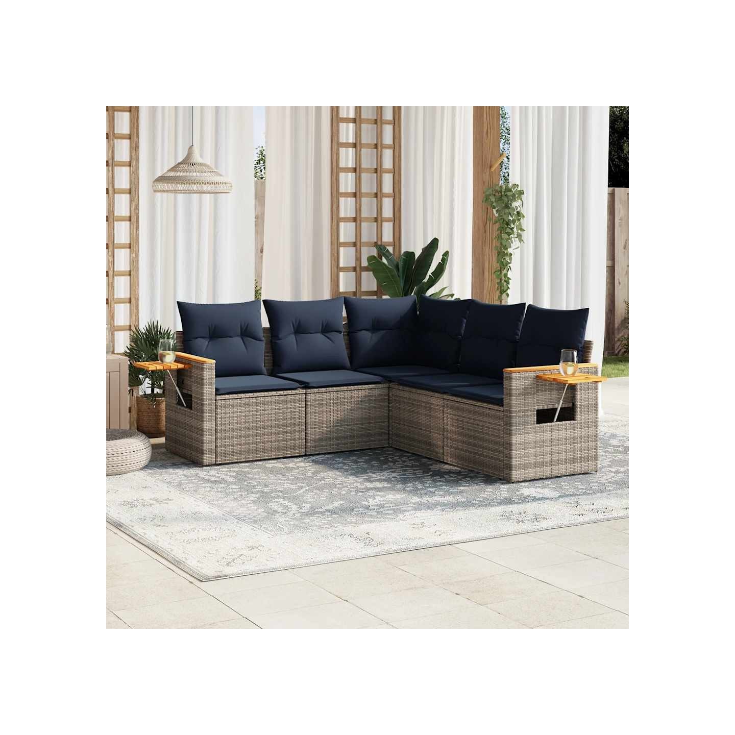 Salon de jardin 5 pcs avec coussins gris résine tressée