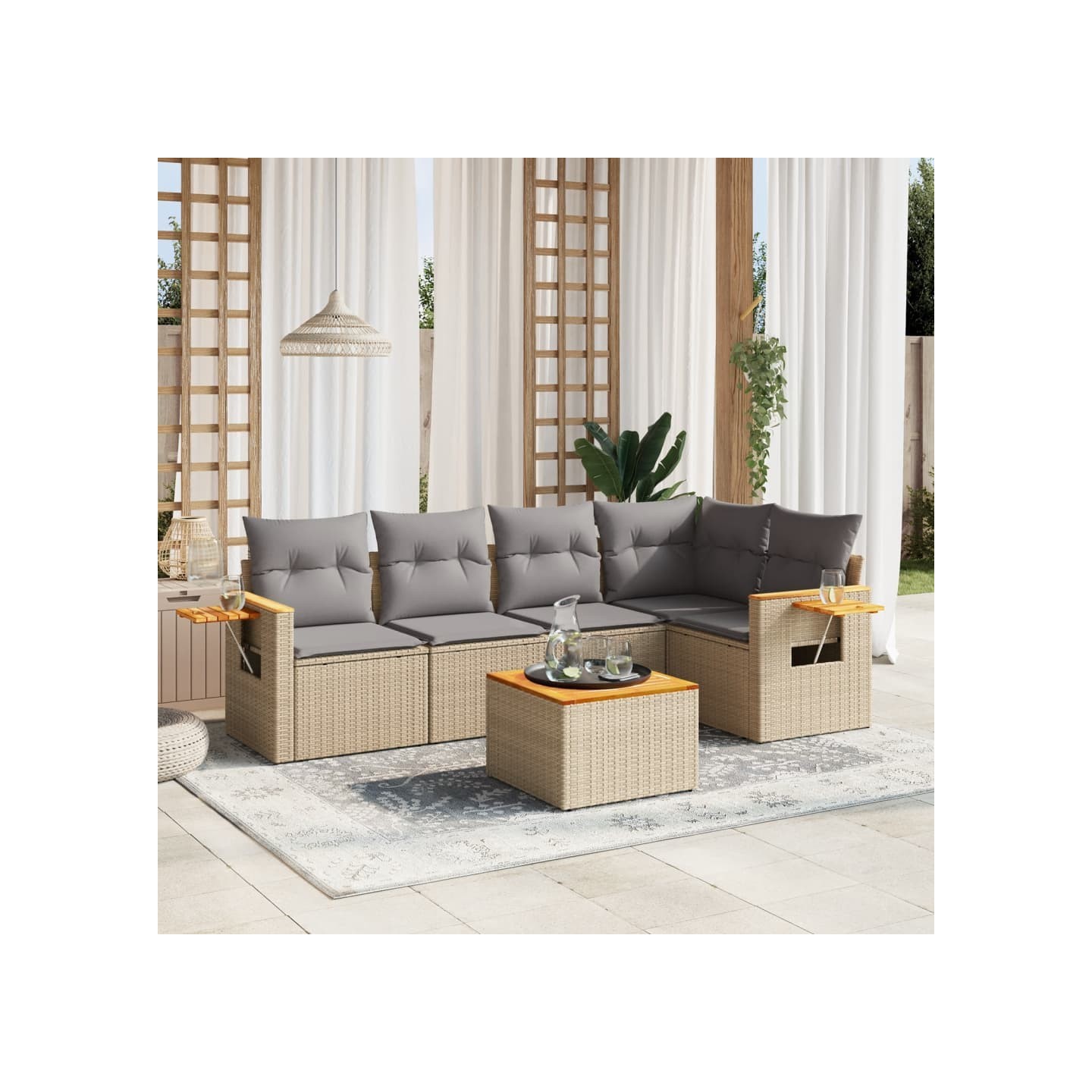 Salon de jardin avec coussins 6 pcs beige résine tressée