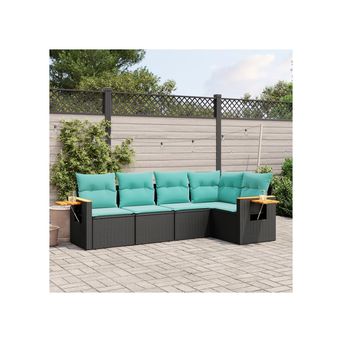 Salon de jardin 5 pcs avec coussins noir résine tressée