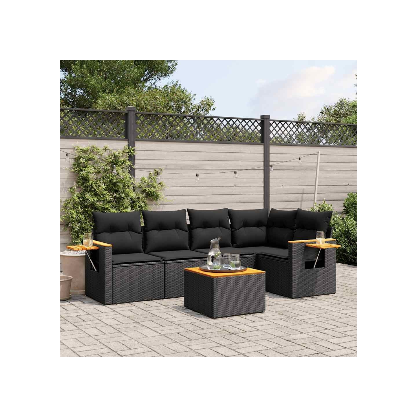 Salon de jardin 6 pcs avec coussins noir résine tressée