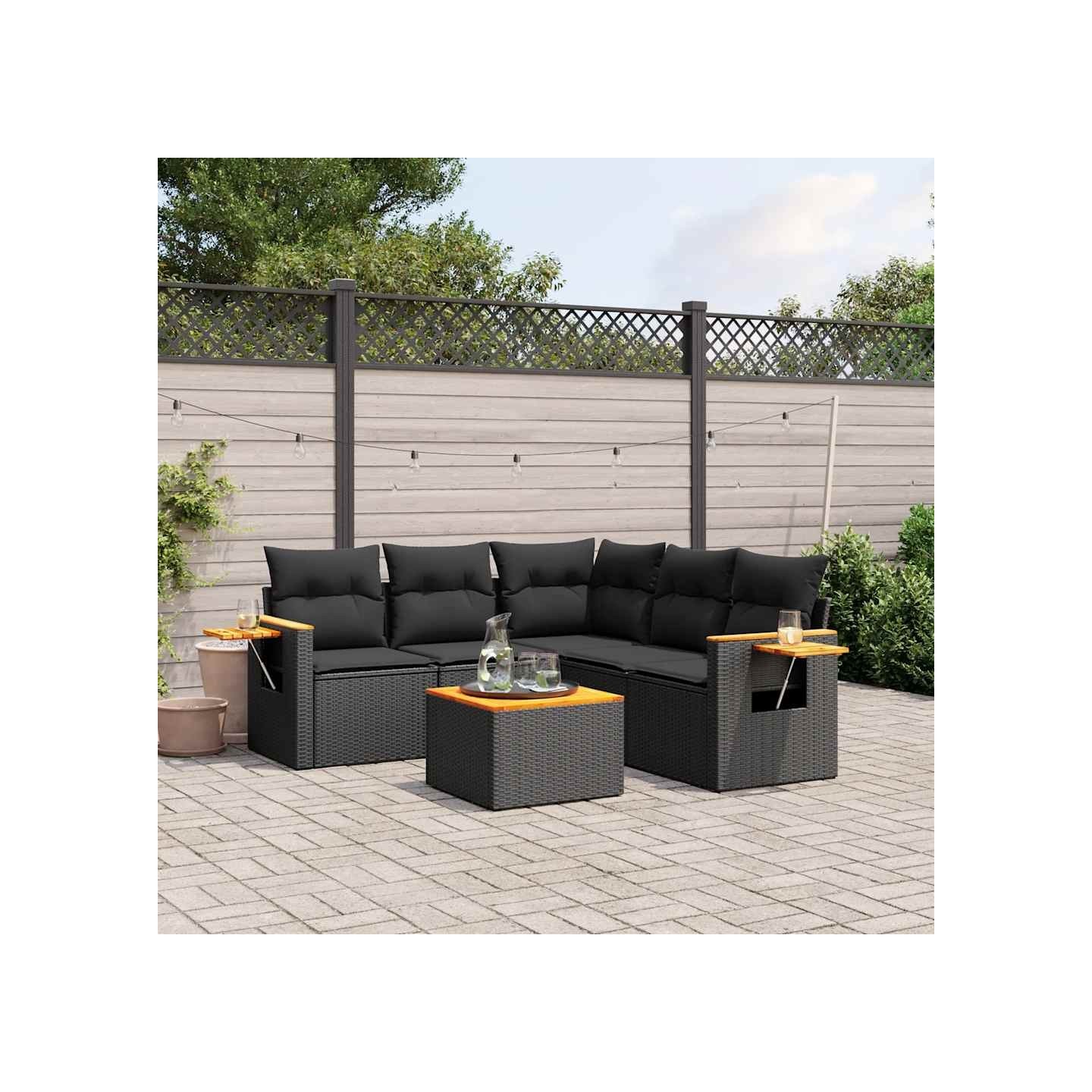 Salon de jardin 6 pcs avec coussins noir résine tressée