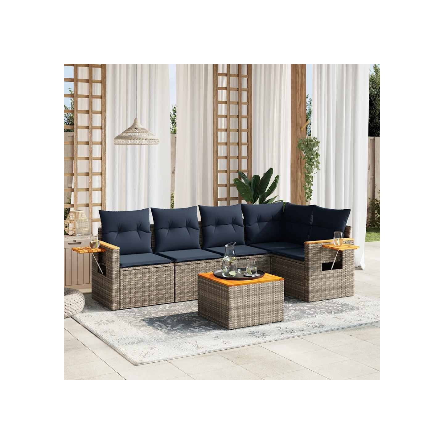 Salon de jardin 6 pcs avec coussins gris résine tressée