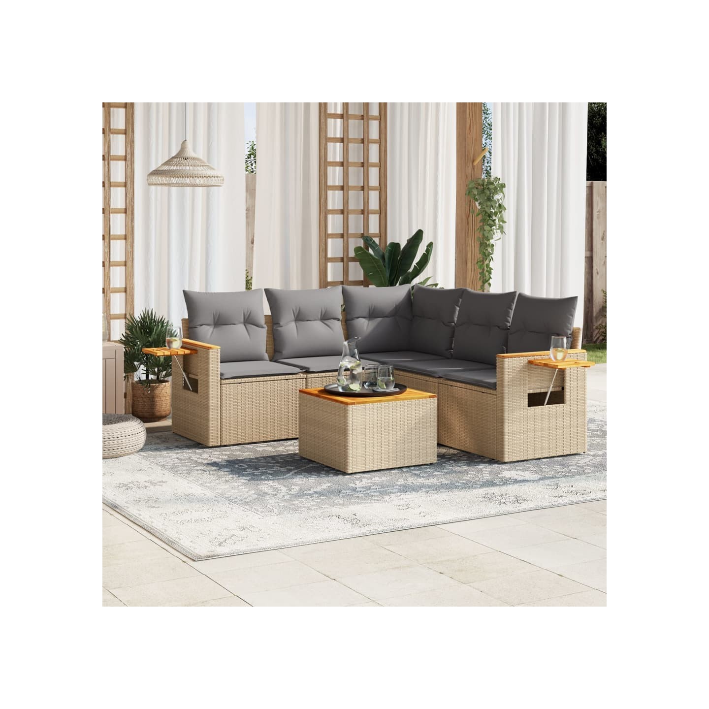 Salon de jardin avec coussins 6 pcs beige résine tressée