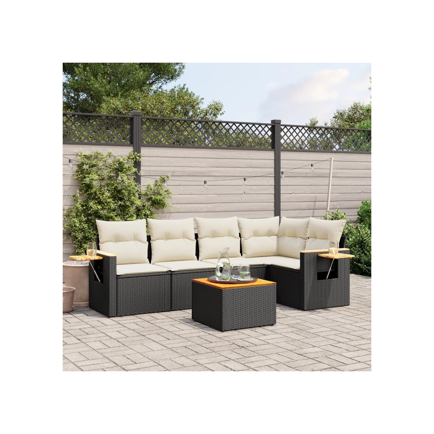 Salon de jardin 6 pcs avec coussins noir résine tressée