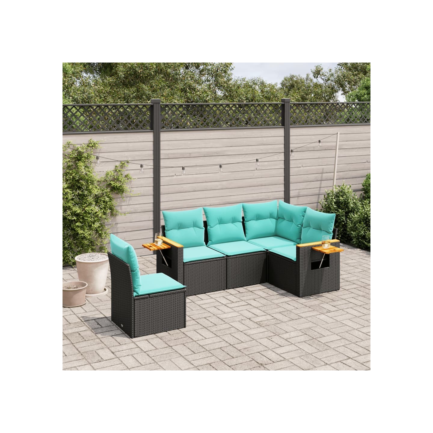Salon de jardin 5 pcs avec coussins noir résine tressée