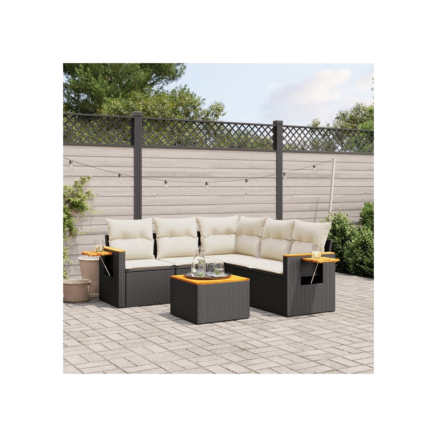 Salon de jardin 6 pcs avec coussins noir résine tressée