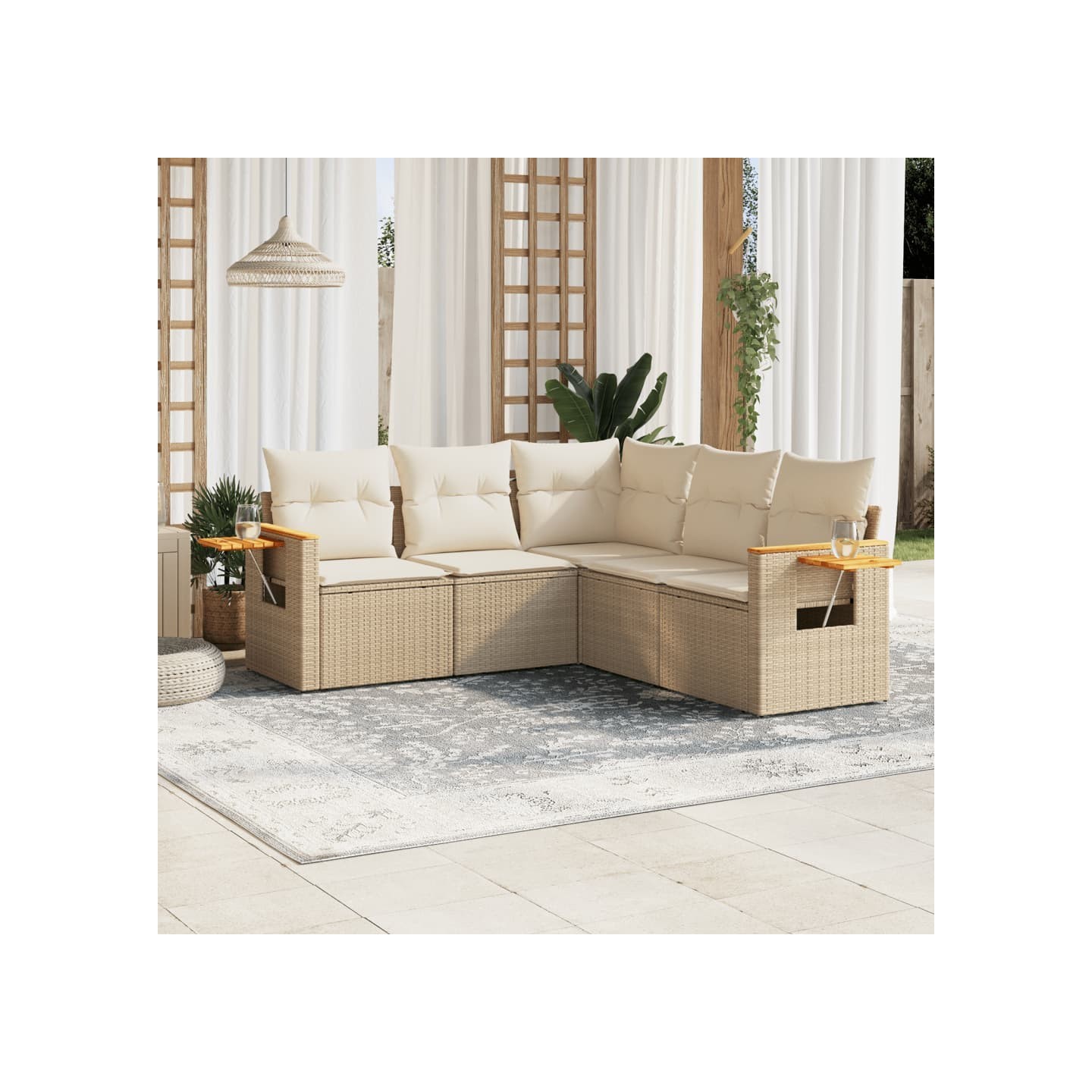 Salon de jardin avec coussins 5 pcs beige résine tressée