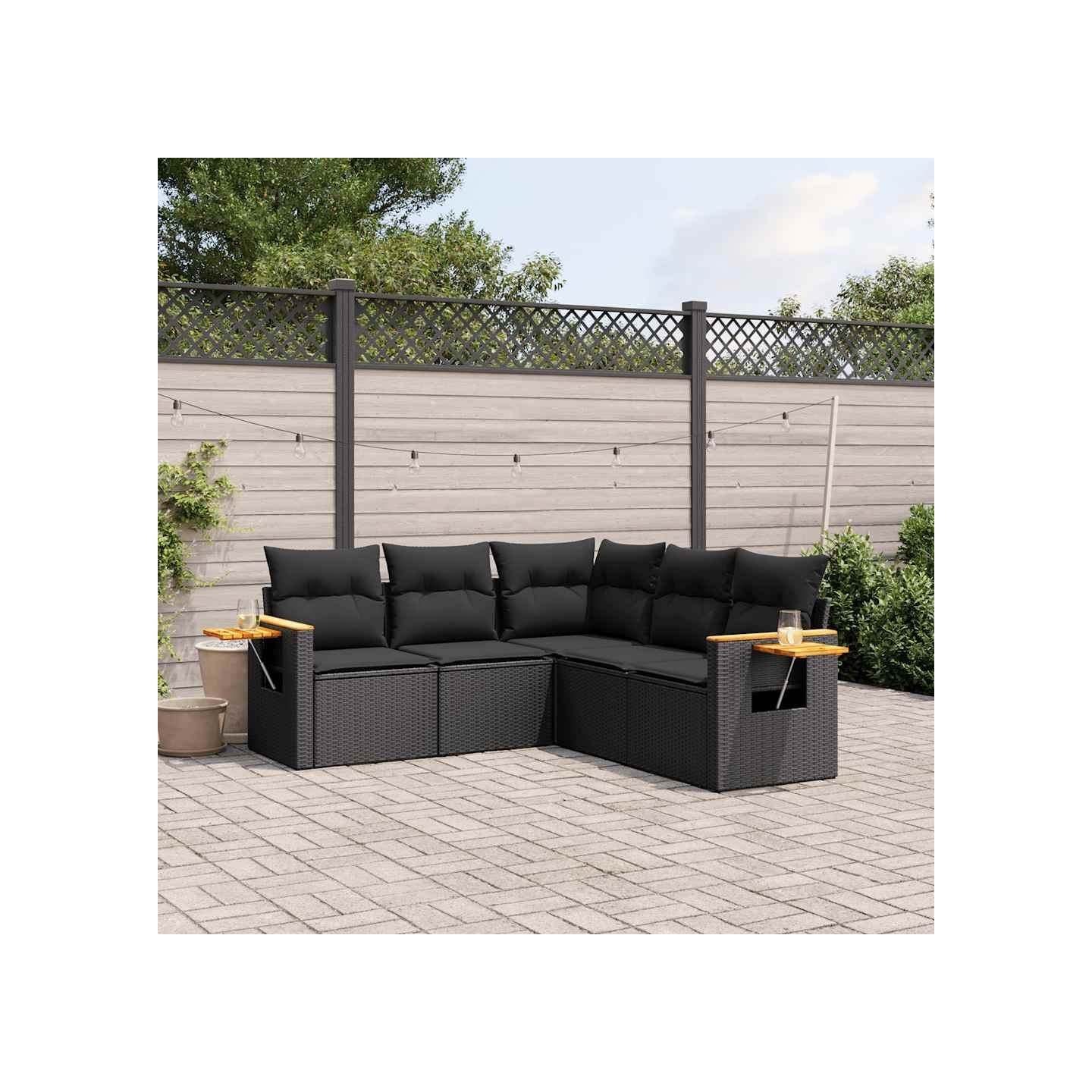 Salon de jardin 5 pcs avec coussins noir résine tressée
