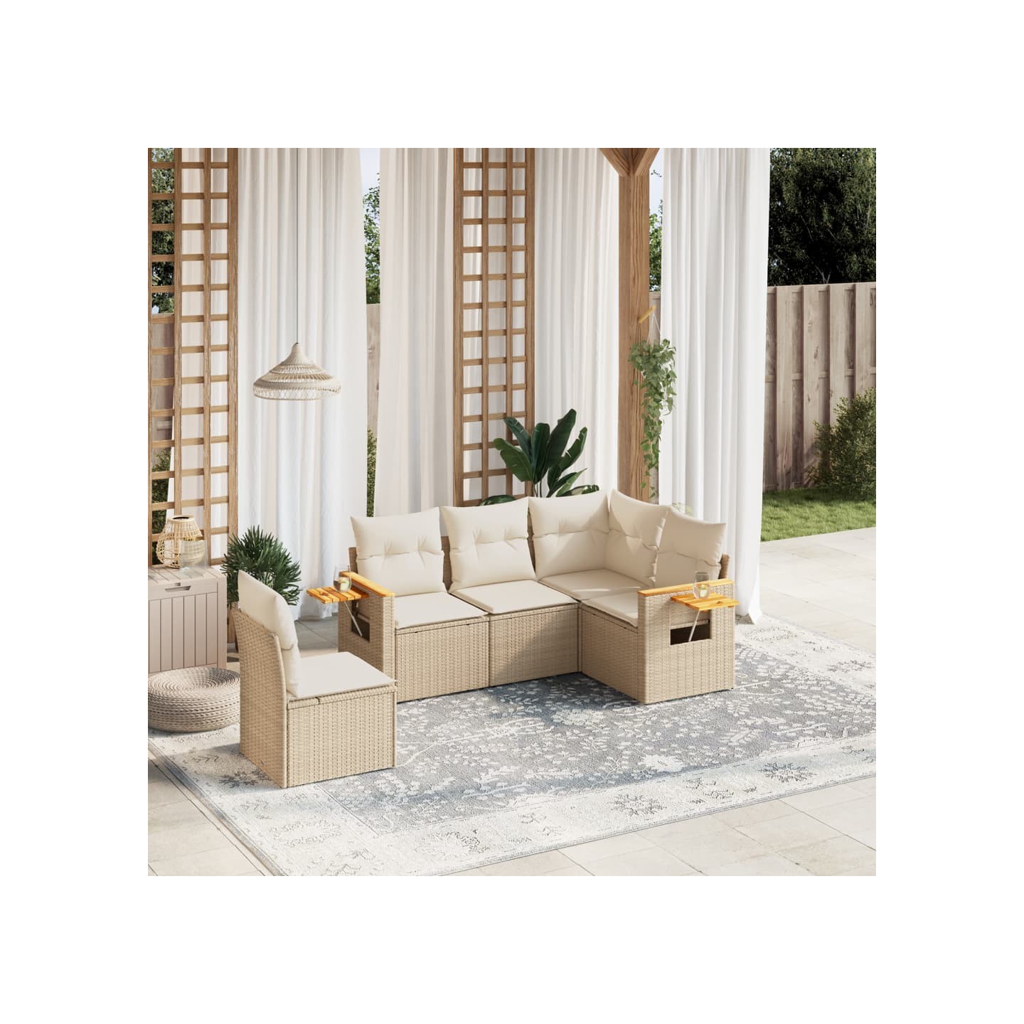 Salon de jardin avec coussins 5 pcs beige résine tressée