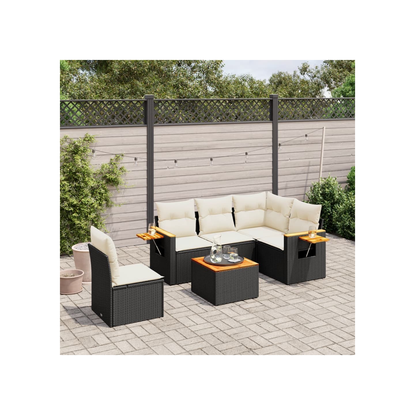 Salon de jardin 6 pcs avec coussins noir résine tressée