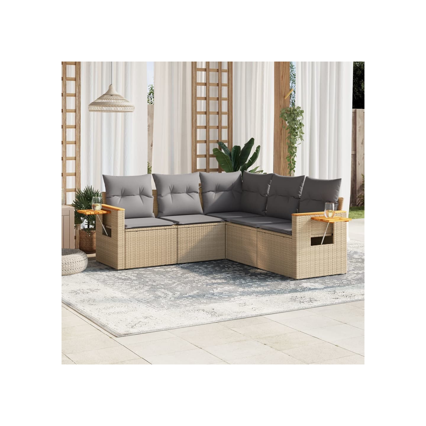 Salon de jardin avec coussins 5 pcs beige résine tressée