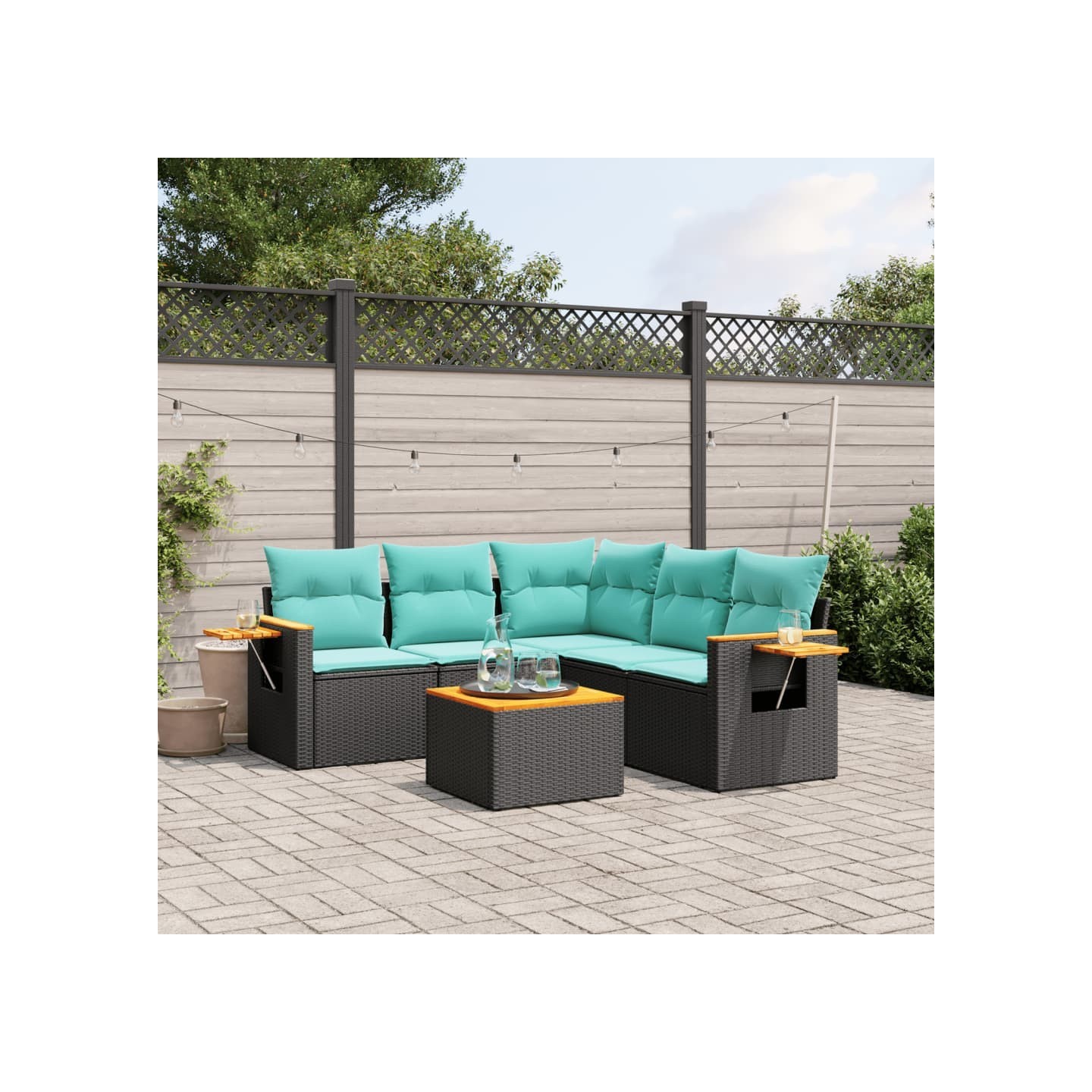Salon de jardin 6 pcs avec coussins noir résine tressée
