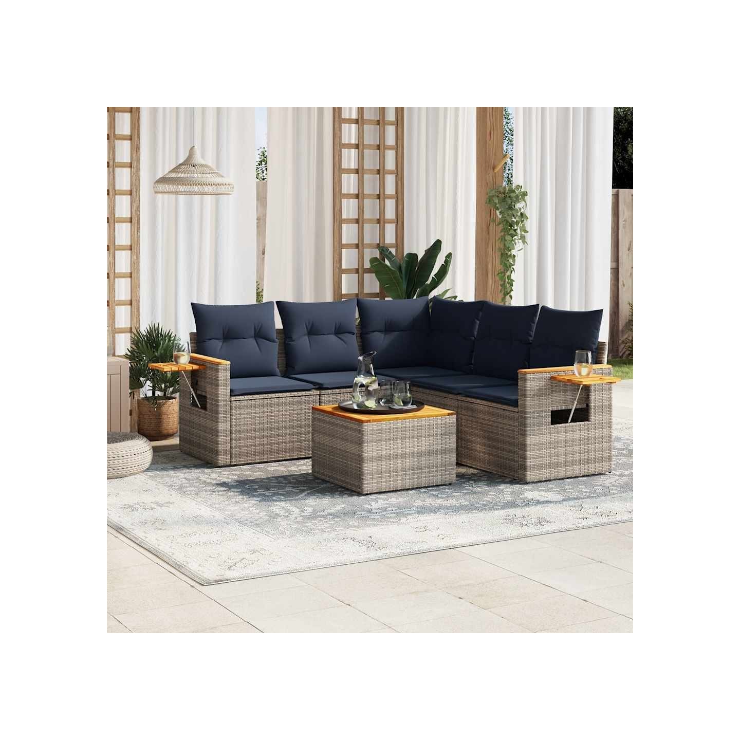 Salon de jardin 6 pcs avec coussins gris résine tressée