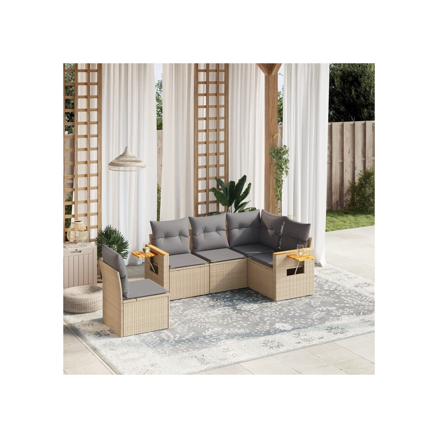 Salon de jardin avec coussins 5 pcs beige résine tressée