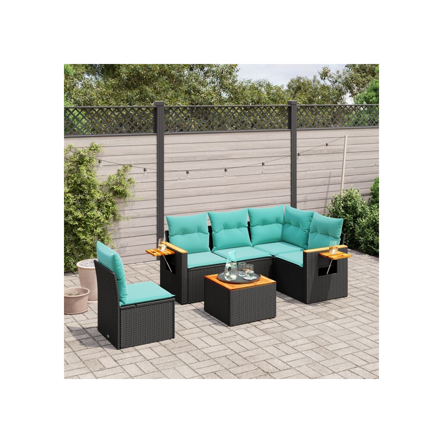 Salon de jardin 6 pcs avec coussins noir résine tressée