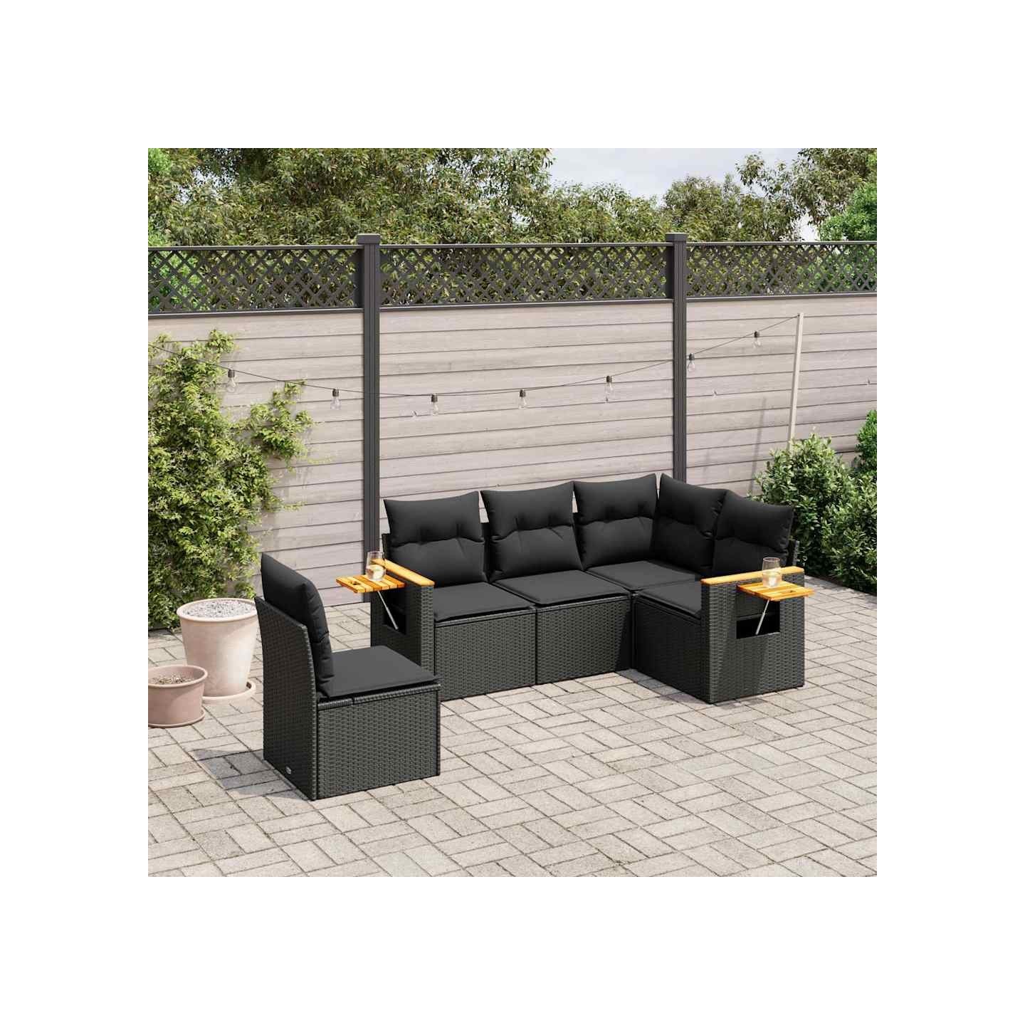 Salon de jardin 5 pcs avec coussins noir résine tressée