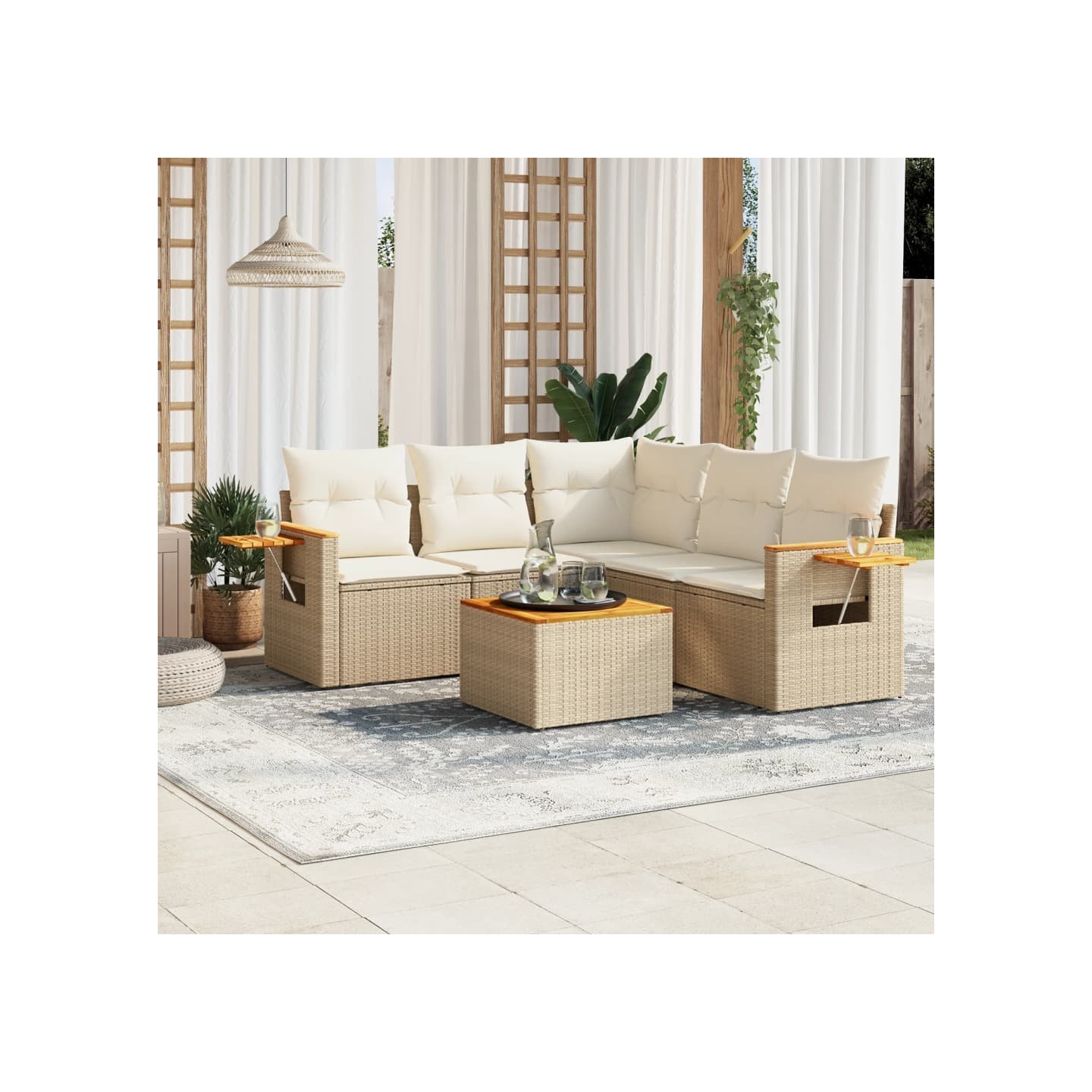 Salon de jardin avec coussins 6 pcs beige résine tressée