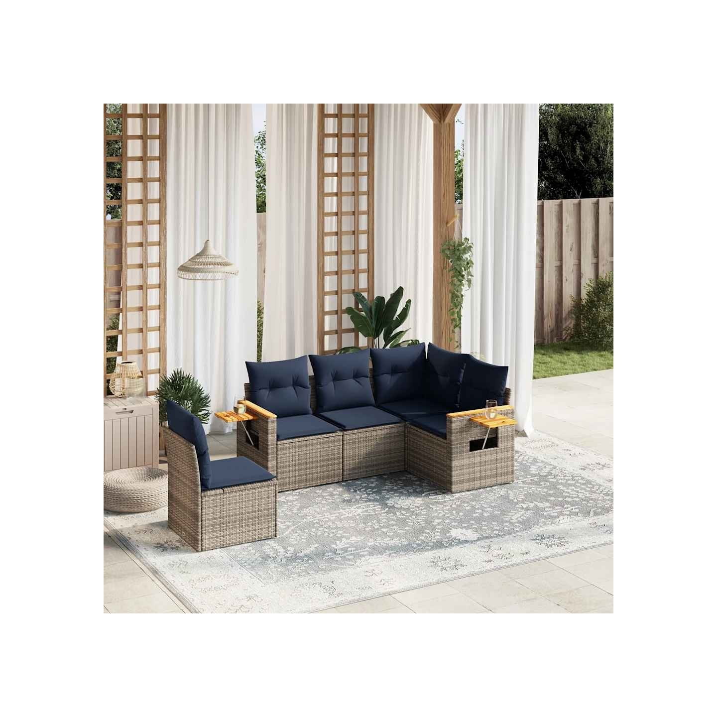 Salon de jardin 5 pcs avec coussins gris résine tressée