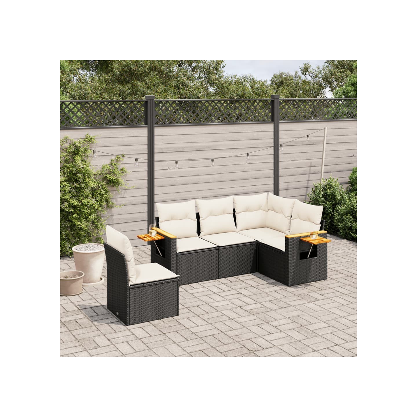 Salon de jardin 5 pcs avec coussins noir résine tressée