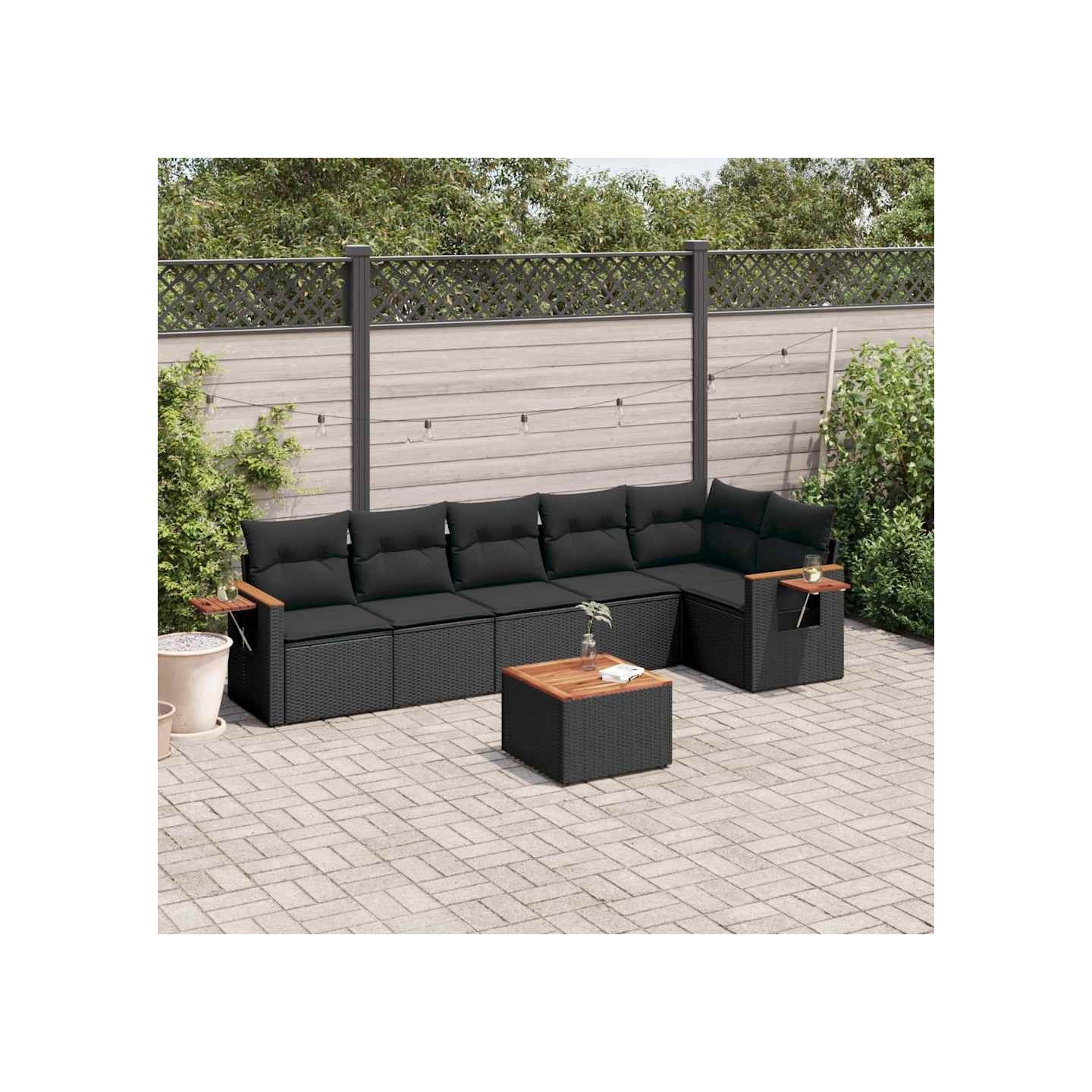 Salon de jardin 7 pcs avec coussins noir résine tressée
