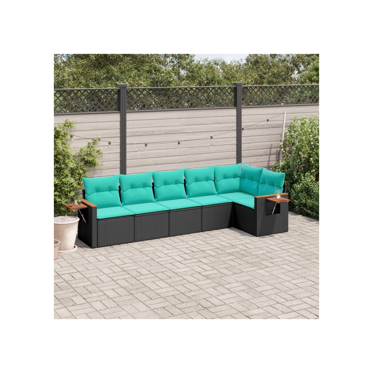 Salon de jardin 6 pcs avec coussins noir résine tressée
