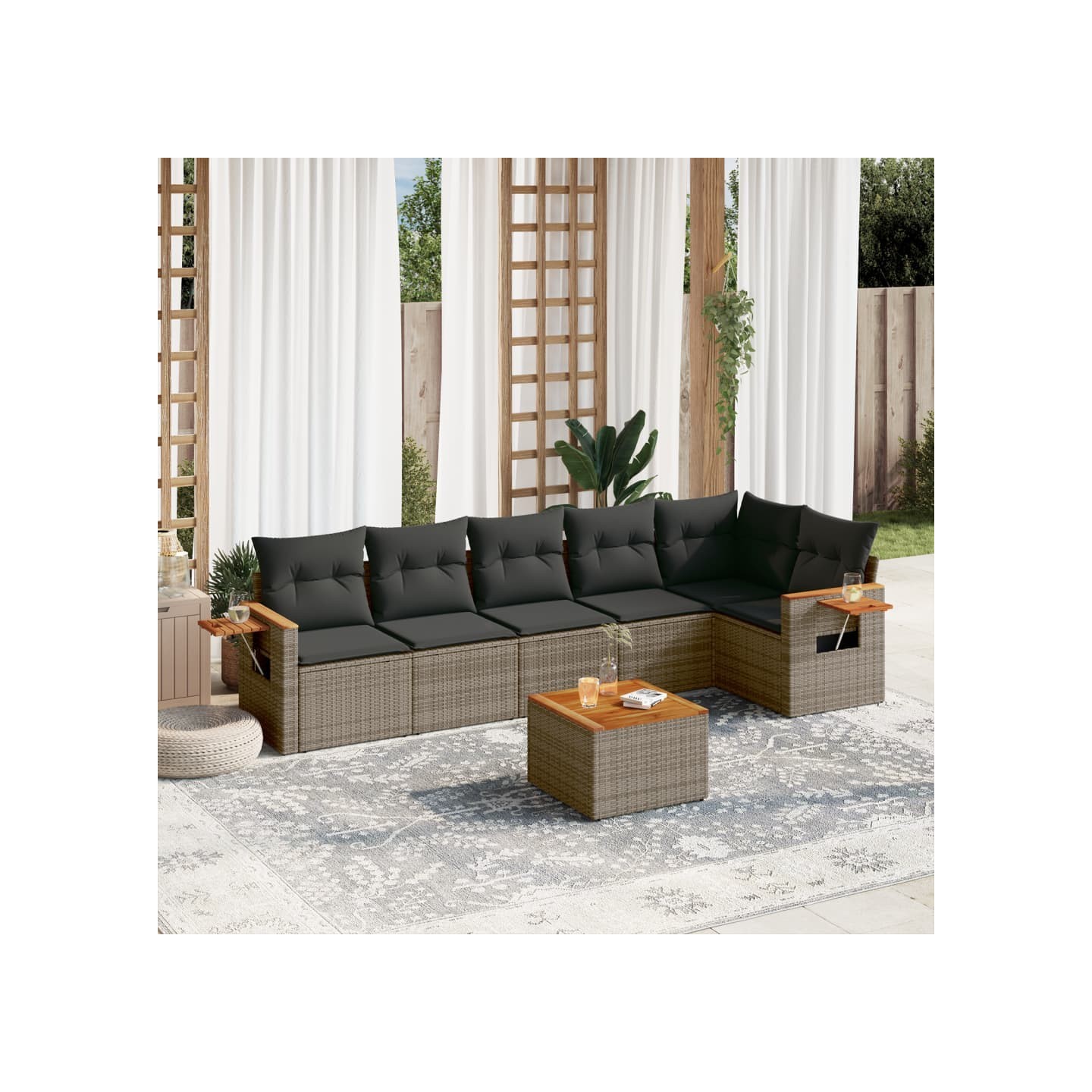 Salon de jardin avec coussins 7 pcs gris résine tressée