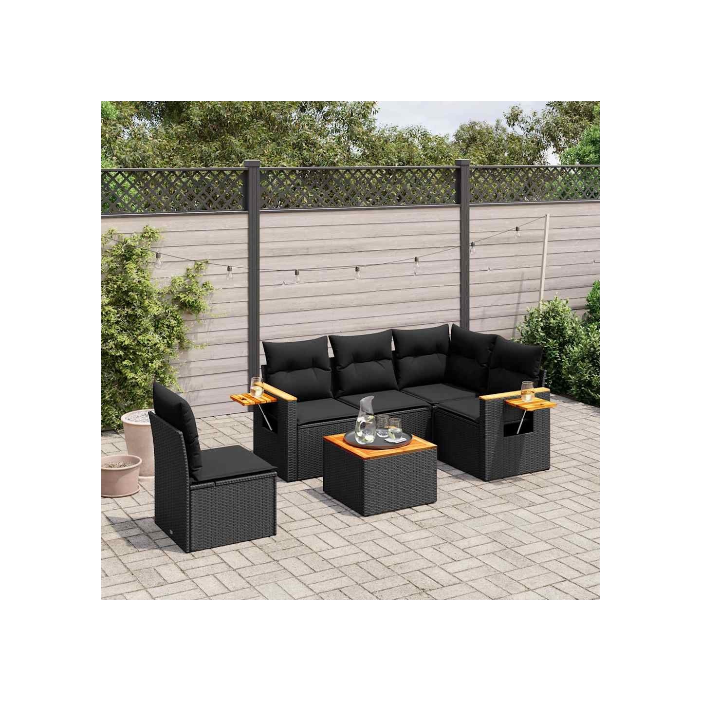 Salon de jardin 6 pcs avec coussins noir résine tressée